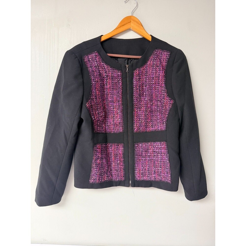 Trina Turk Jacket Womens 10 Black Purple Tweed Zip Front Collarless USA Made